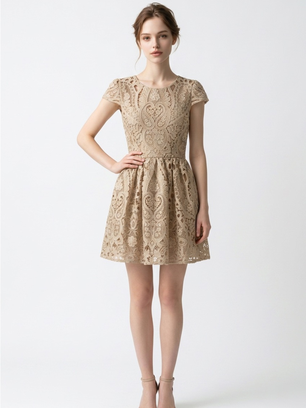 Alice + Olivia Beige Lace Fit-and-Flare Mini Dress